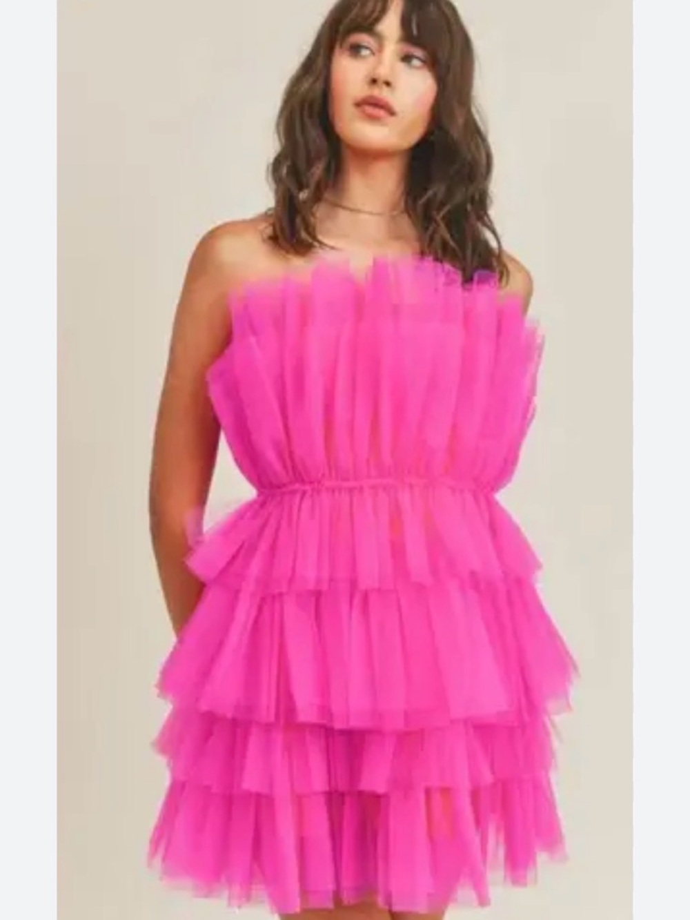 Mable Strapless Tiered Ruffle Mini Dress in Hot Pink
